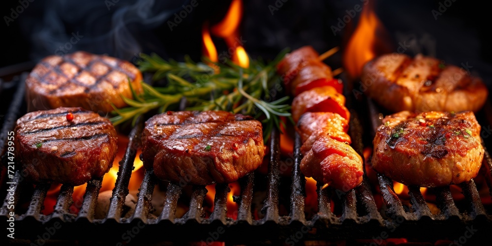 A close-up of a sizzling, flaming barbecue featuring a variety of meats, creating a tempting outdoor feast.