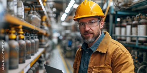 A mature engineer in a hard hat with a serious expression on his face is watching industrial equipment in a factory.