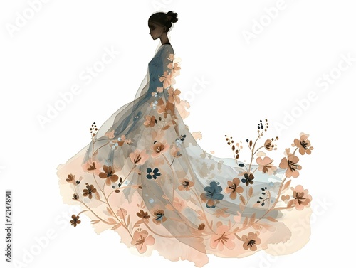 Woman in wedding floral dress in white background. Best for invitations, collage, article