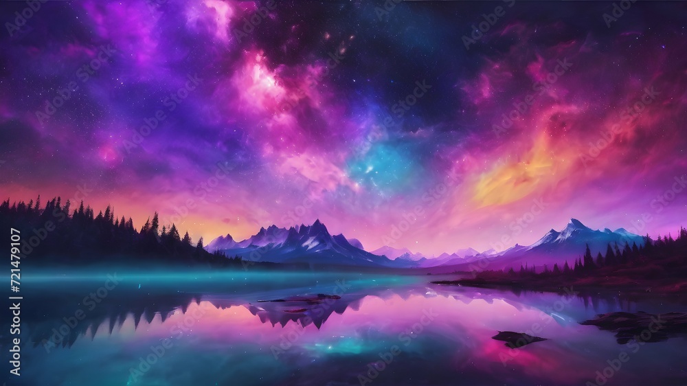 an image of a landscape with a lake and mountains, with a cosmic starry sky shimmering in different colors. Wallpaper space image, design