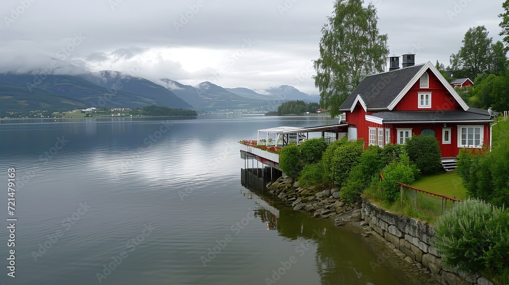 Fototapeta premium A picturesque cabin nestled in nature's tranquil embrace.