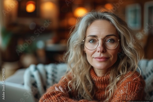 A cheerful and confident woman wearing stylish glasses, exuding modern urban fashion and a radiant smile.