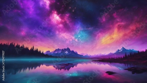 an image of a landscape with a lake and mountains  with a cosmic starry sky shimmering in different colors. Wallpaper space image  design