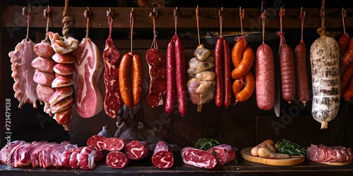 Assorted fresh and cured meats hanging in a butcher's shop. traditional culinary scene. food industry concept. AI