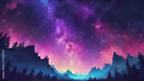image of a landscape with mountains, with a cosmic starry sky shimmering in different colors. Wallpaper space image, design © Anton