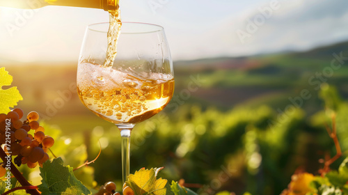 Wine glass with pouring white wine and vineyard landscape in sunny day. Winemaking concept, copy space.