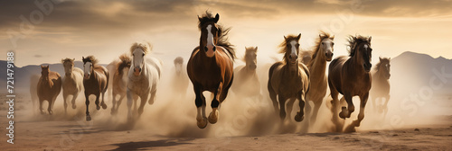 Group of horses running gallop in the desert