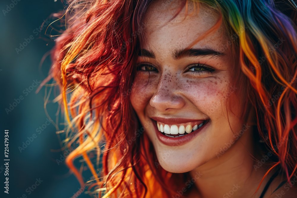 portrait of a beautiful happy young teenage girl with multicolored rainbow hair, the model laughs and looks at the camera