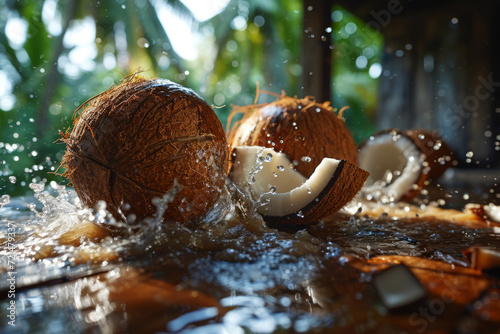 fresh coconuts in a splash of coconut milk, a beautiful exotic still life photo