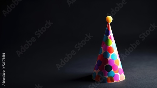 A vibrant polka-dotted party hat stands against a stark black background