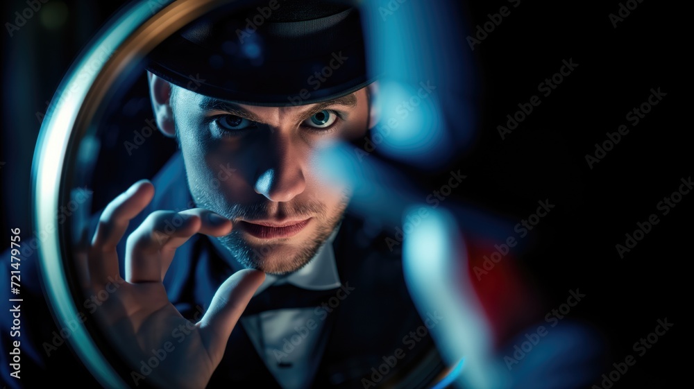 Mysterious magician in hat reflecting in a mirror, blue light highlighting features