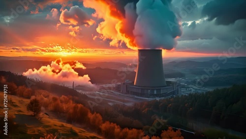 Video clip 4K of a nuclear power plant operating amidst forests and valleys. photo