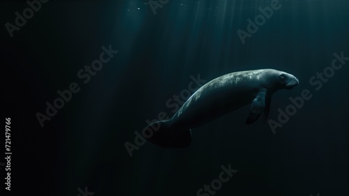 A solitary manatee glides through clear blue water in a tranquil underwater scene