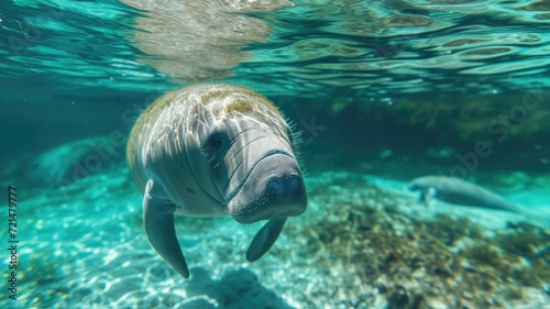 Graceful manatee gliding underwater in crystal-clear sea
