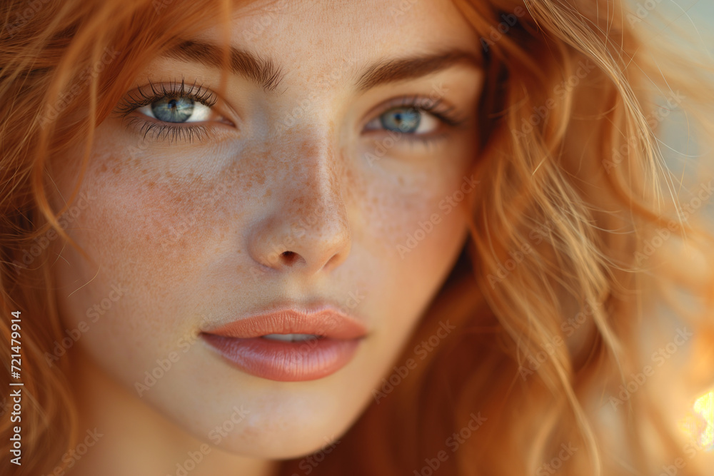 Portrait of young beautiful white skinned girl with red hair, green eyes and freckles as beauty concept. Selective focus. Portrait of young beautiful white skinned girl with red hair, green eyes and freckles as beauty concept. Selective focus.