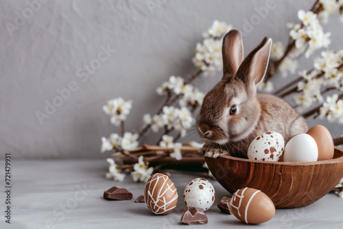 A brown bunny sits a wooden bowl next to Easter eggs, with delicate white blossoms in the background on a grey surface. new beginnings, springtime holiday themes.