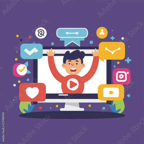2d vector illustration colorful social media boost , influence blogger E-marketer via Internet pages marketing referral