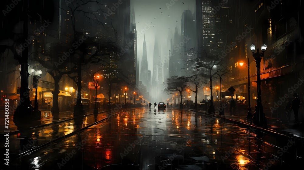 A dense urban cityscape captured through rain-splattered glass, adding a unique texture to the scene