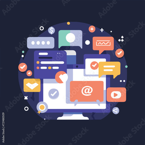 2d vector illustration colorful social media boost , influence blogger E-marketer via Internet pages marketing referral