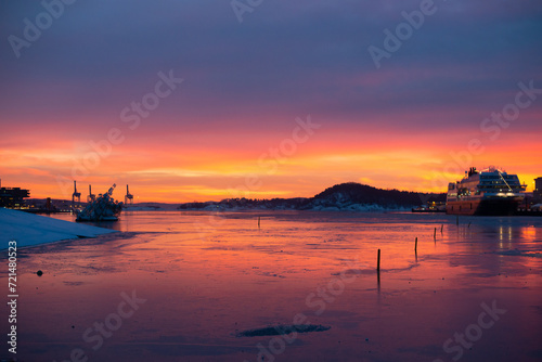 Winter Sky Palette: Oslo Fjord in Blue, Red, and Yellow Hue