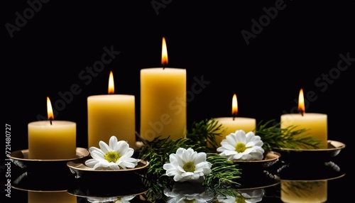 Christmas candles and fir branch on a black background with copy space.