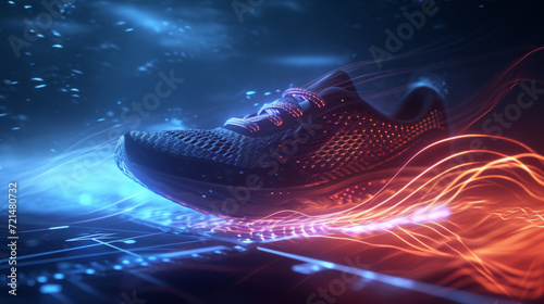 sneaker with glowing blue lights is placed on a futuristic grid with neon lines, creating a high-tech and modern visual effect