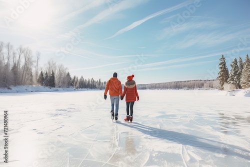 Young couple ice skating hand in hand on a serene, frozen lake surrounded by snow covered trees on a sunny day.jpeg