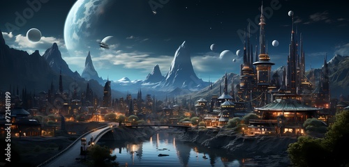 A hyper-realistic, AI-generated futuristic cityscape with skyscrapers and flying vehicles against a pitch-black, star-studded backdrop