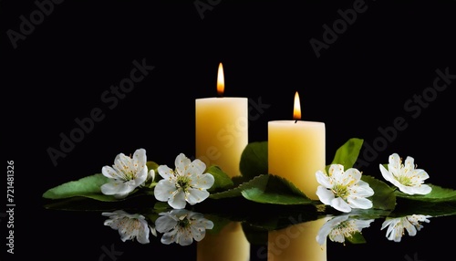 Burning candles with white flowers on a black background. Copy space.