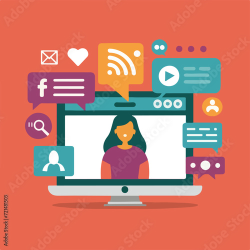 2d vector illustration colorful social media boost , influence blogger E-marketer via Internet pages marketing referral