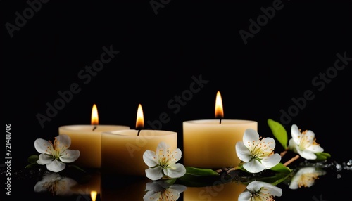 Burning candles with jasmine flowers on black background, space for text