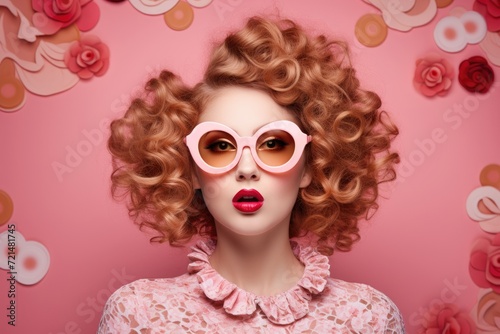 A woman with vibrant red hair wears pink glasses, showcasing her unique style.