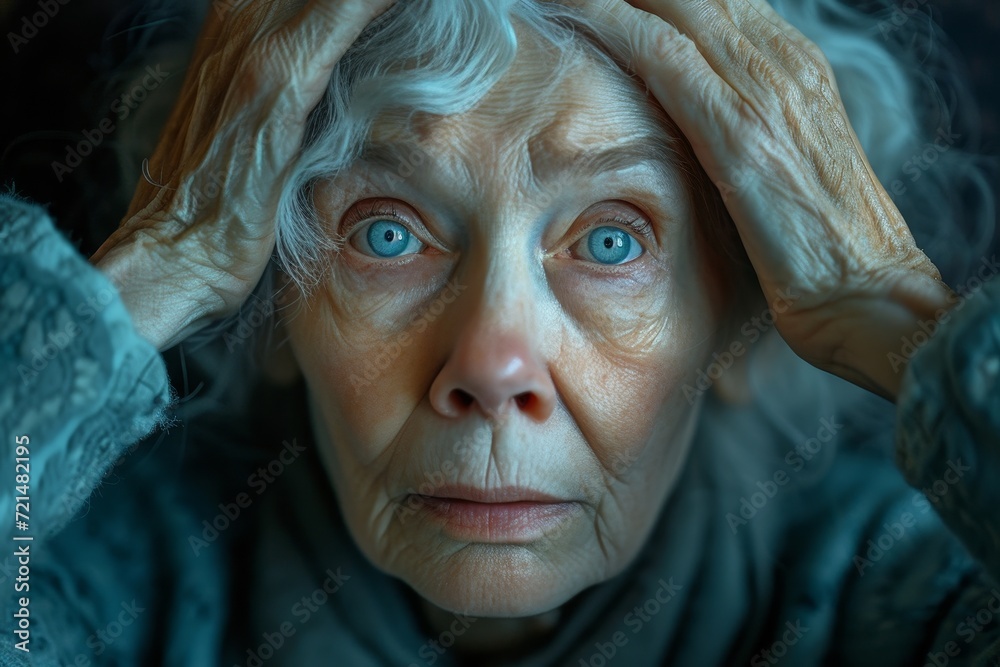 A woman's face contorts in distress as her hands press against her wrinkled forehead and cheeks, her eyes reflecting the weight of time and humanity A woman's face contorts in distress as her hands press against her wrinkled forehead and cheeks, her eyes reflecting the weight of time and humanity