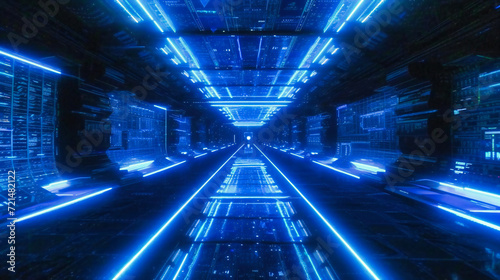 Sci-Fi Tunnel Vision: Futuristic Corridor with Neon Lights, Modern Design in a Dark Space Setting photo