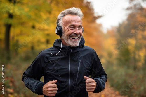 A man wearing headphones runs through the wooded area, surrounded by trees and nature.