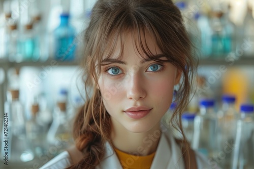 A young woman with piercing blue eyes and a mane of flowing brown hair gazes at the viewer, wearing a bottle-green dress and accentuating her striking features with bold eyebrows and long, fluttering