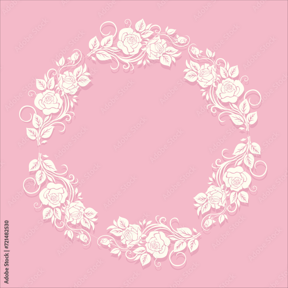 A wreath of roses. Silhouette of white roses on a pink background. Retro ornament. Suitable for romantic cards and valentine's day, and themes related to romantic holidays and events.