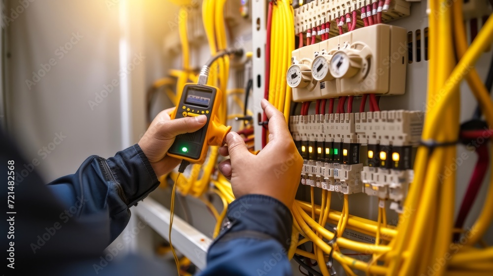 Electricity and electrical maintenance service, Engineer hand holding AC voltmeter checking electric current voltage at circuit breaker terminal and cable wiring main power distribution board - obrazy, fototapety, plakaty 