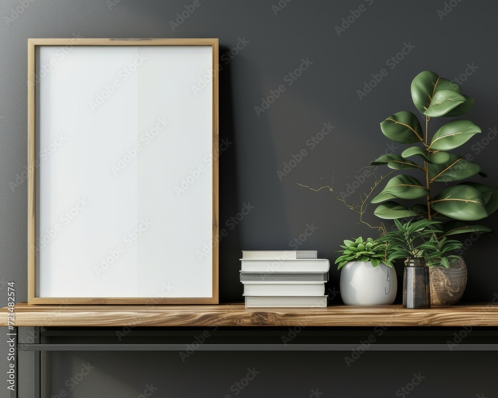 blank empty photo frame mockup sitting on a wooden shelf blank empty photo frame mockup sitting on a wooden shelf