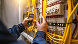 Electricity and electrical maintenance service, Engineer hand holding AC voltmeter checking electric current voltage at circuit breaker terminal and cable wiring main power distribution board