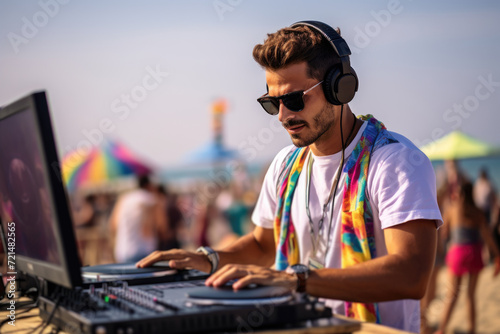 A man sitting on the beach wears headphones and uses a laptop for work or entertainment.