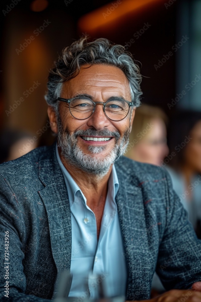 A confident and elegant senior businessman, exuding success and happiness in an office portrait with a grey suit and beard. A confident and elegant senior businessman, exuding success and happiness in an office portrait with a grey suit and beard.