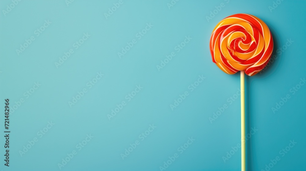 A vibrant orange and yellow swirl lollipop against a solid blue backdrop A vibrant orange and yellow swirl lollipop against a solid blue backdrop