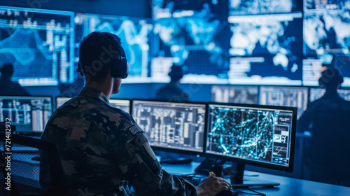 military personnel is focused on monitoring multiple computer screens in a high-tech surveillance room with global maps and data on the screens
