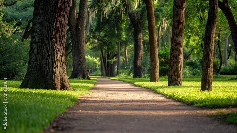Sun-dappled pathway through an avenue of towering trees