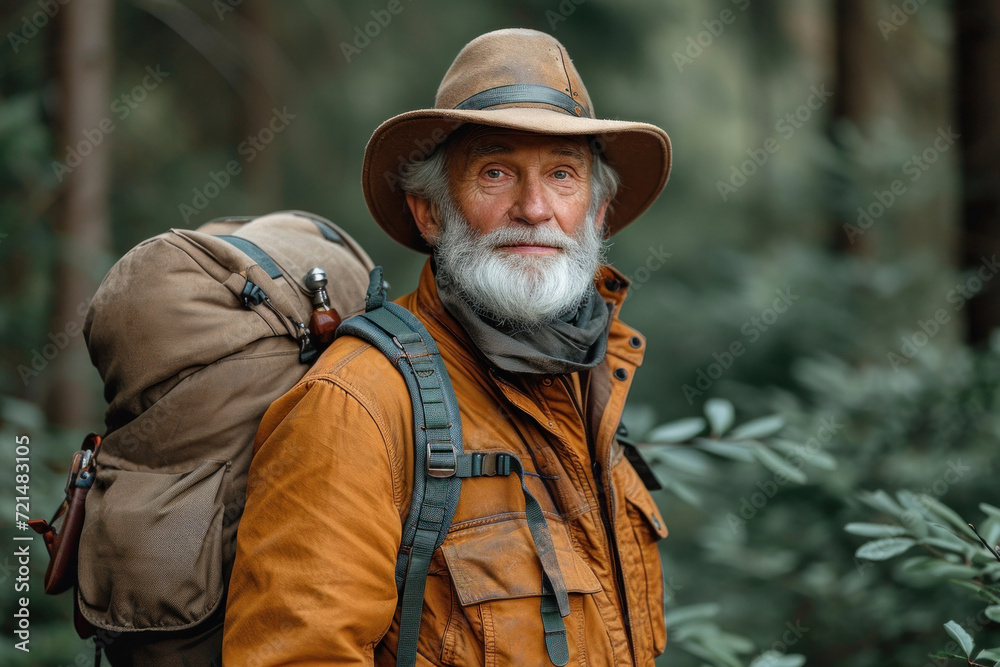 A wise and stylish senior explorer with a beard and hat enjoys nature on an adventurous trek.