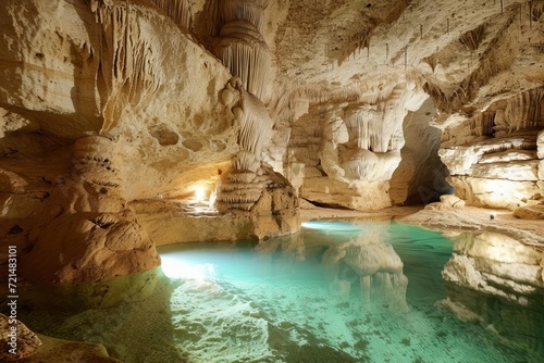 Ancient limestone caves with stalactites and underground pools