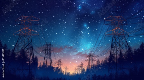 Electricity transmission towers with orange glowing wires the starry night sky. Energy infrastructure concept