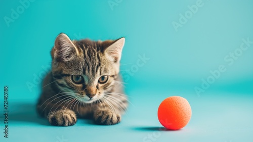 Curious kitten looking at an orange ball on a blue background