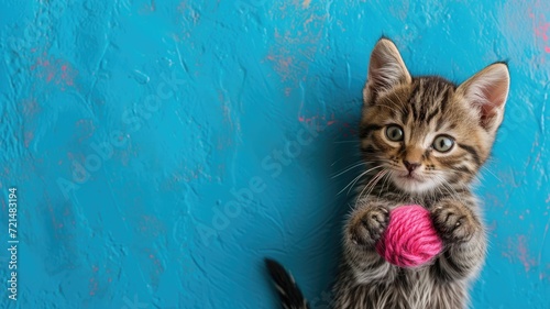 An adorable kitten holding a pink yarn ball on a textured blue background